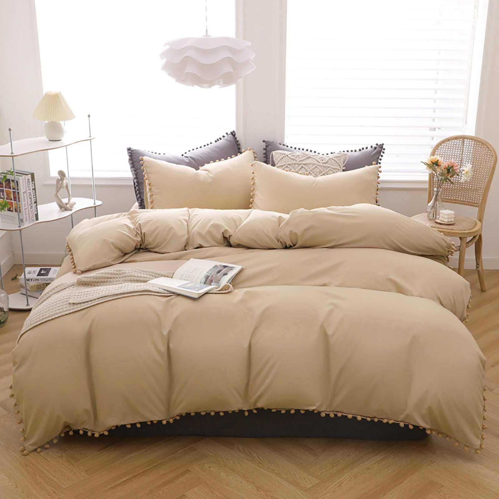 Luxlovery Beige Pom Pom Comforter Set King Ball Pom
