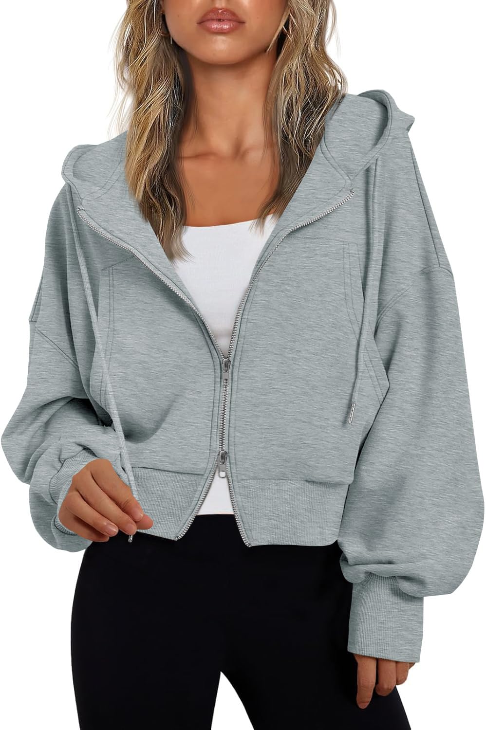 Photo 1 of Fisoew Women 's Hoodies Zip Up Cropped Sweatshirts Casual Long Sleeve Hooded Two Way Zipper Coats with Pockets Grey
