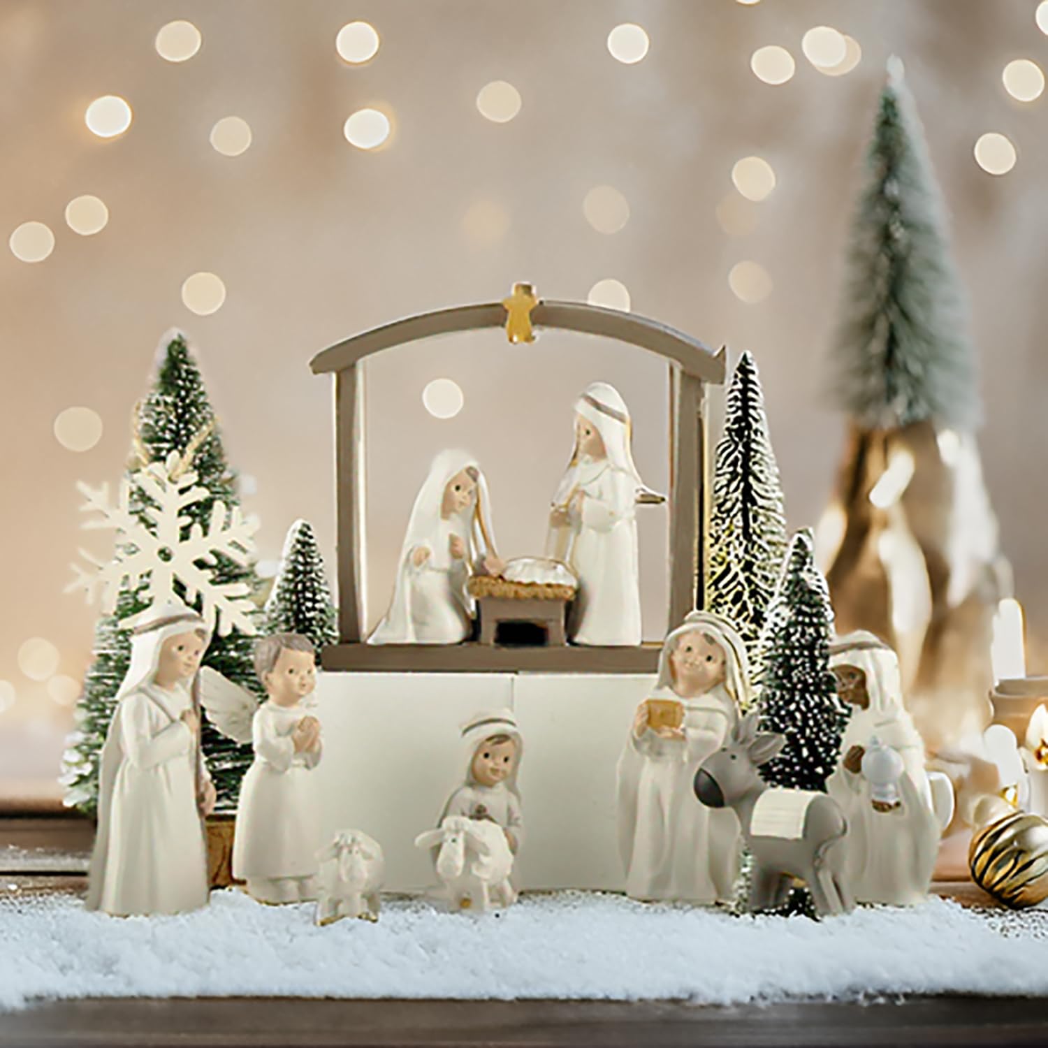 PlentifulHome 12-Piece Mini Nativity Scene Set – Resin Christmas Nativity Figures, 5-7.6 cm Tall Tabletop Manger Display for Home Decor