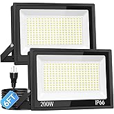 24000LM 200W LED Flood Light Outdoor Plug in, IP66 for Yard Garage, 5000K | LED Floodlight with 6ft Wire, Super Brighter Security Light, Waterproof Work Light for Backyard Garden Stadium, 2 Pack