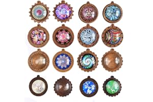 ToBeIT Bezel Pendant Trays Round Wooden and Glass Cabochon Round Clear Dome for DIY Crafting Photo Jewelry Making