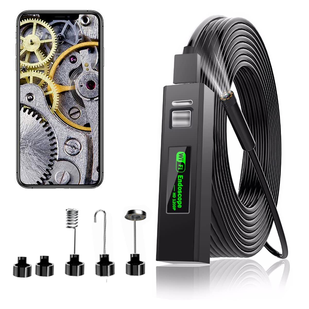 Endoscope Camera Wireless Endoscope 1200P HD Inspection Camera Premium IP67 Waterproof WiFi Borescope with Flexible Rigid Snake Cable for Android IOS iPhone Samsung Smartphone PC (Black, 5M)
