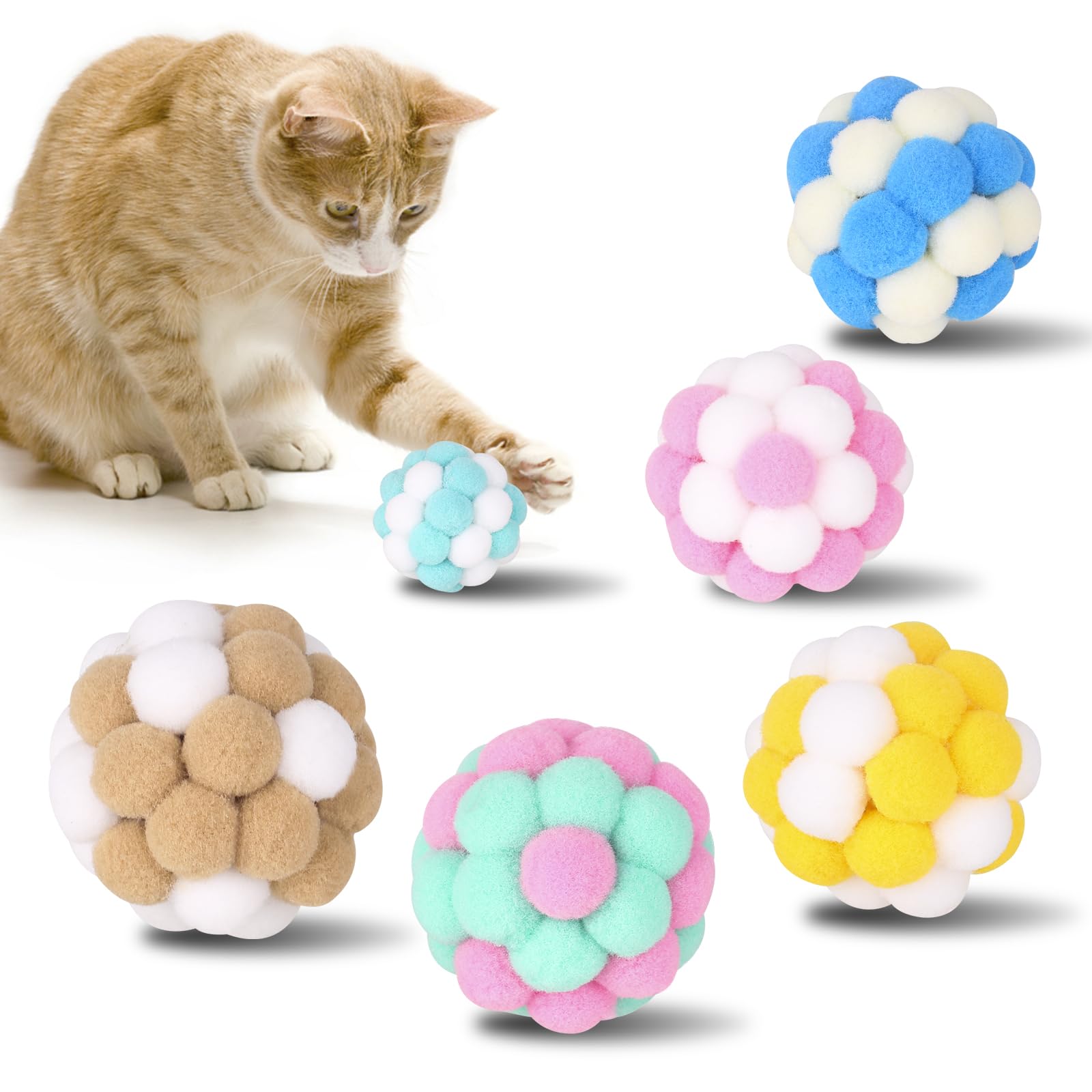 Yasdyri Colorful Interactive Pom Poms Cat Balls with Bells - 6 Pieces 5cm Soft Toys for Kitten Indoor and Outdoor Playing, Chewing, Scratching