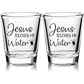 Patelai 2 Pcs jesus Touched My Water Funny Glass Gift for Christmas, Present for Family, Friends, Church Members, Xmas Party 2 oz (2.36 x 1.97 Inch)
