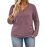 ROSRISS Plus-Size-Tops for Women Casual Long Sleeve Shirts Loose Fit V Neck Button Blouses Dressy Pullover Tunics XL-5XL