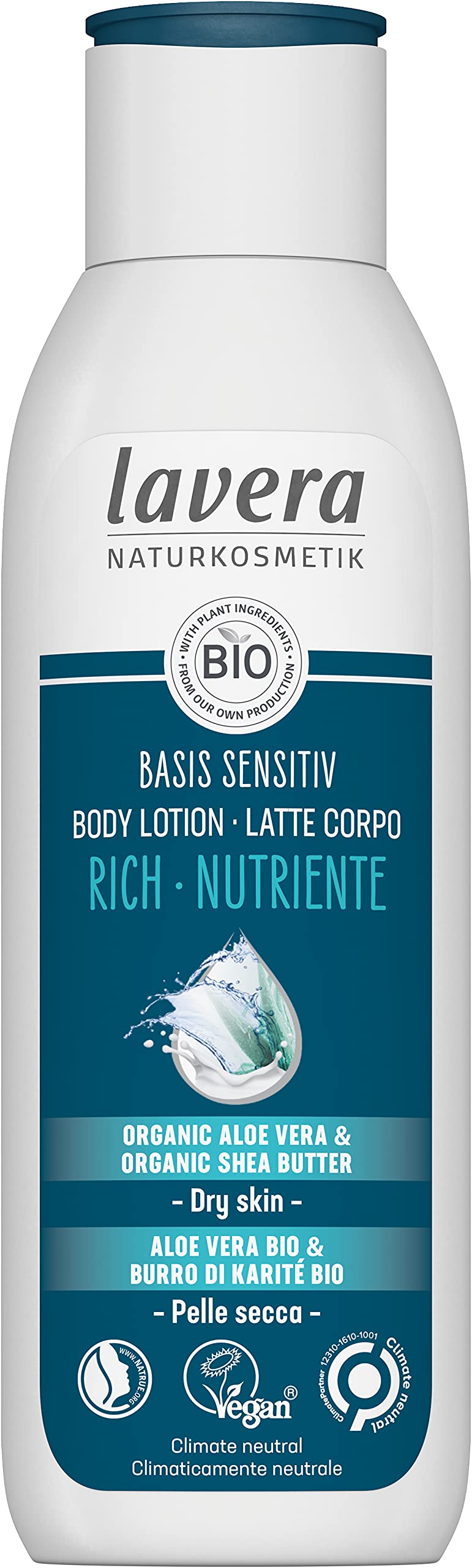 lavera basis sensitiv Body Lotion Rich - Natural Cosmetics - vegan - Organic Aloe Vera & Organic Shea Butter - certified - 250ml, white