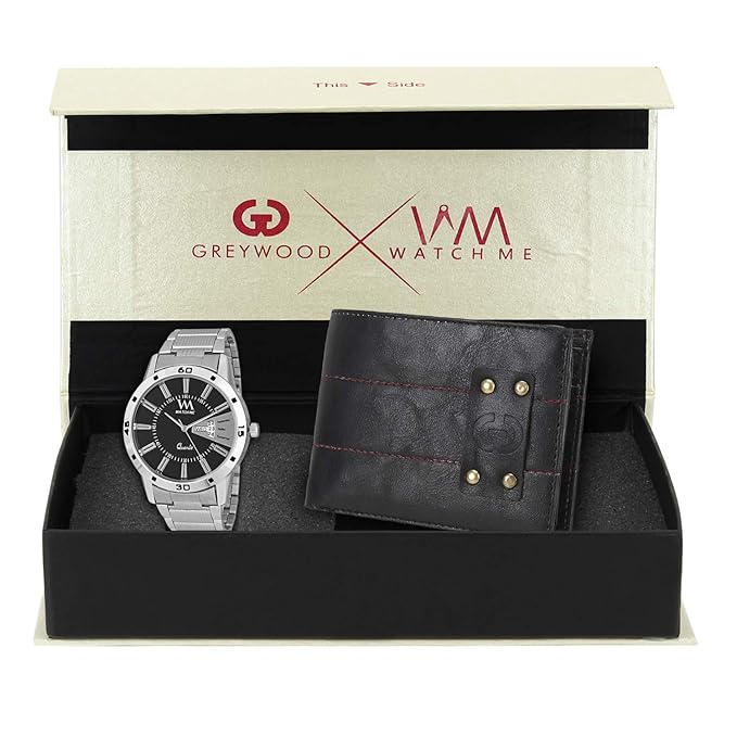Watch Me X Greywood Mens Black Leather Wallet & Day Date Analog Watch Combo Gift Set WMGW-011-DDWM-017p2