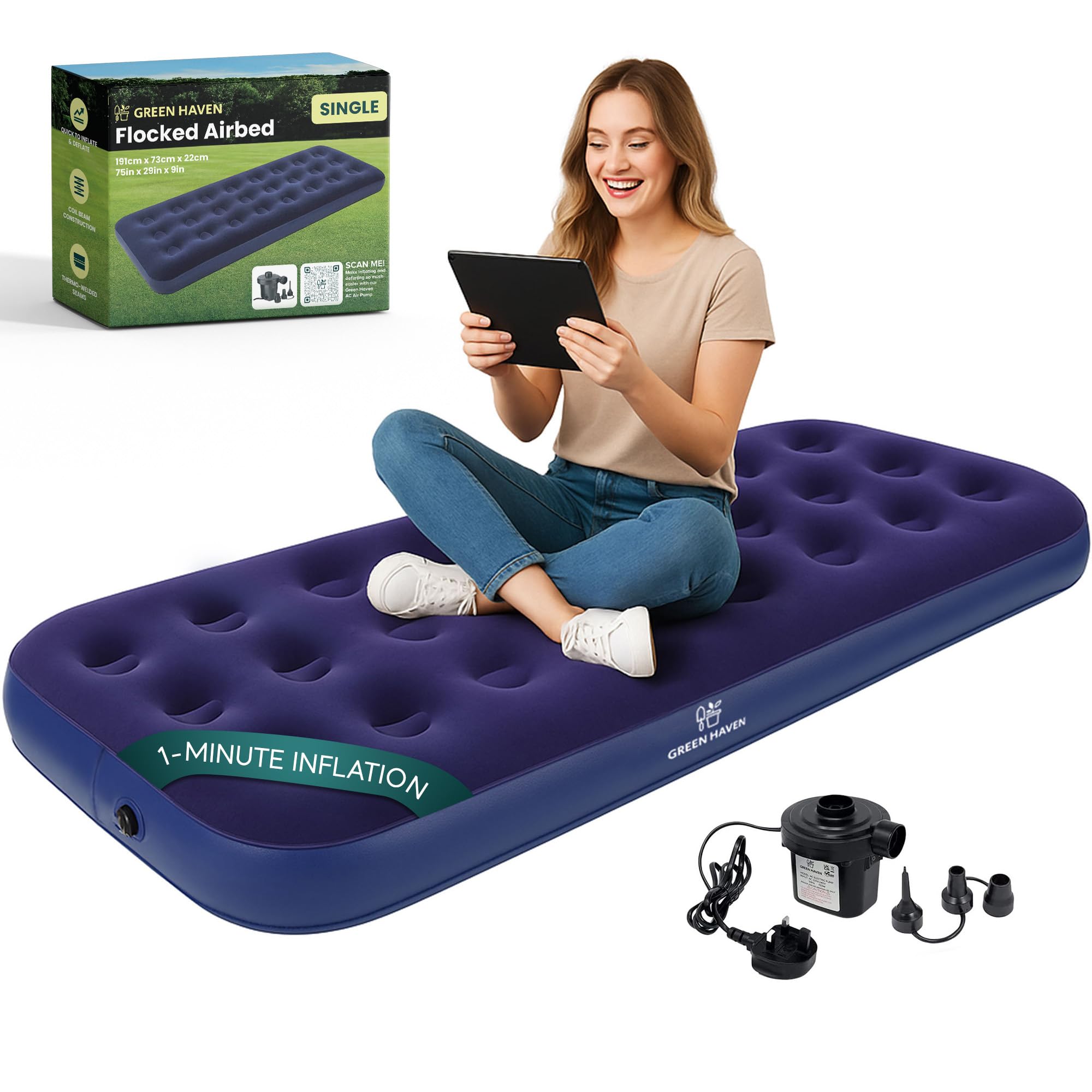Green Haven Single Air Bed with Electric Pump – Quick Inflate Blow Up Mattress with Waterproof Flocked Top – Single Inflatable Bed for Camping, Guests & Sleepovers – Air Mattress with AC Pump