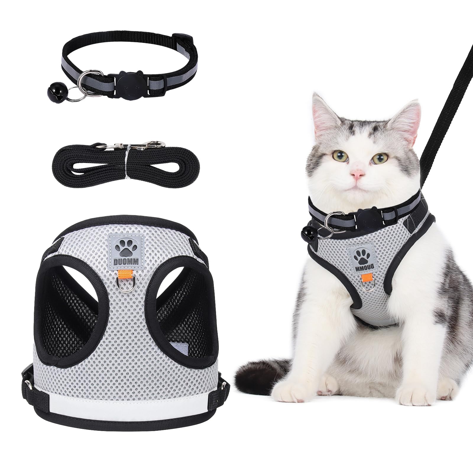 TAIXING Cat Harness and Lead Set - Adjustable Reflective Stripe Walking Vest with Leash for Small Medium Pets, Grey Escape Proof, Soft Mesh