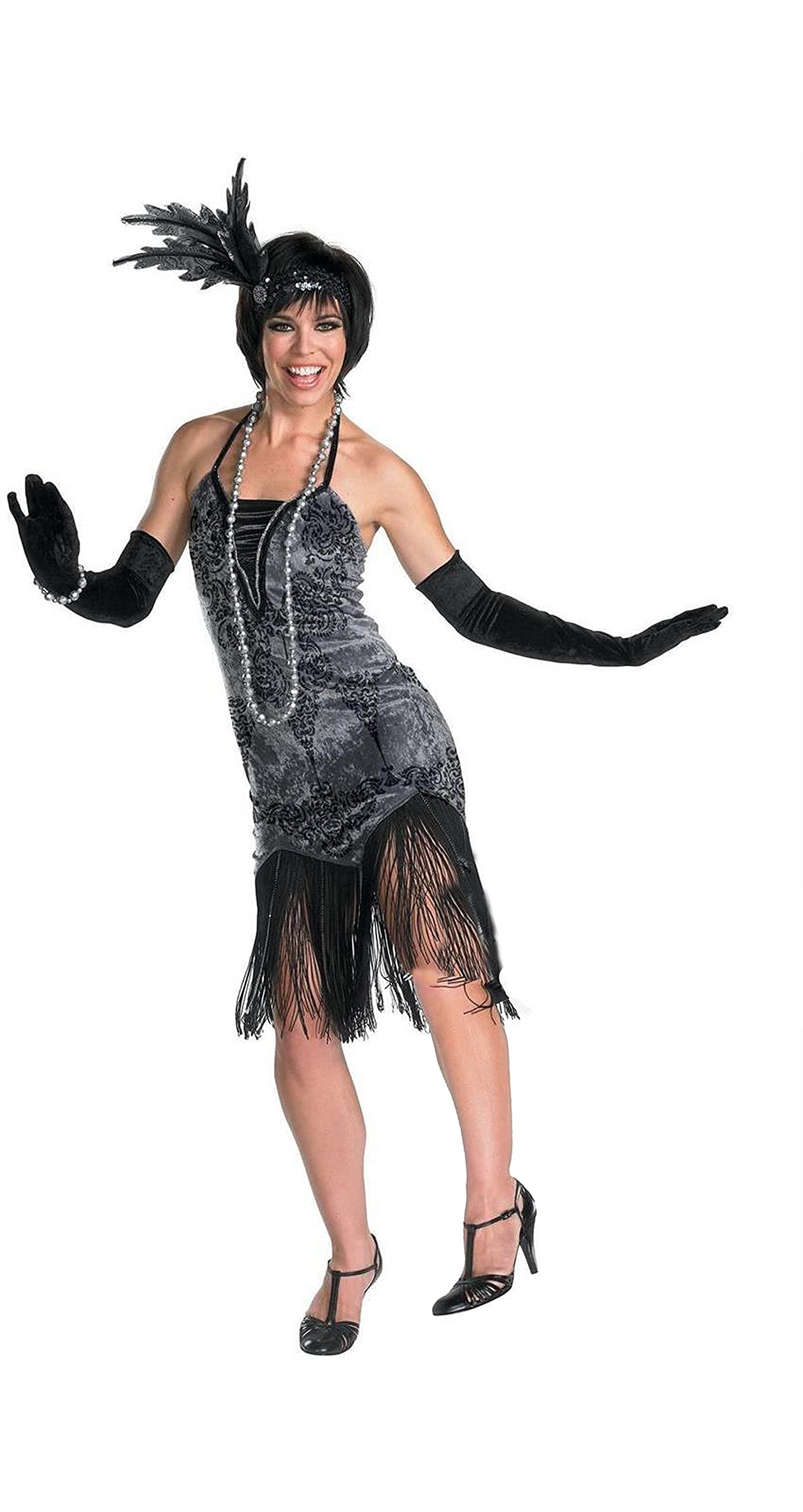 Forever Young Ladies Black & Grey Floral Vintage 1920s Flapper Fringed Dress Costume (UK Size 12)