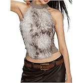 MakeMeChic Women's Faux Fur Halter Crop Tops Sleeveless Fitted Y2k Tank Clubwear
