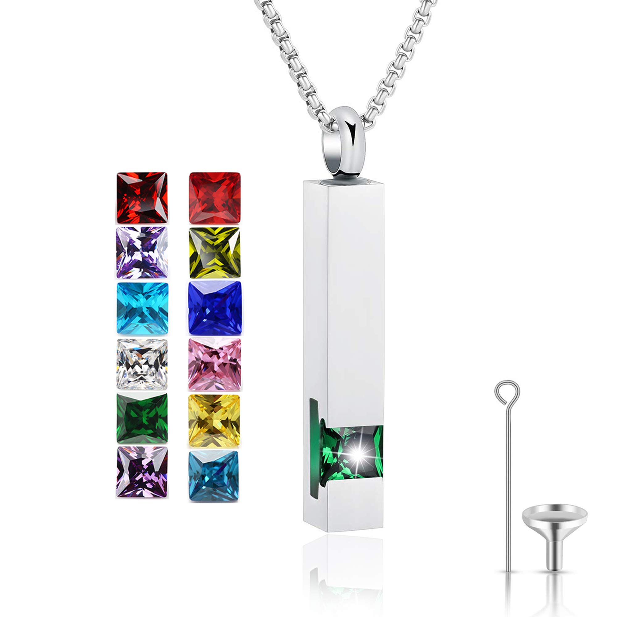 Urn Necklace for Ashes Birthstone Cuboid Cremation Jewelry Keepsake Holder Memorial Locket Necklace Pendant