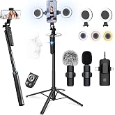 71" Content Creator Essentials Vlogging Kit - 2 Lights &amp; 2 Mics | 360&deg; Rotating Auto Face Tracking Tripod for iPhone/Android/Camera with Wireless Remote, No App for Vlog, Live, Video Record
