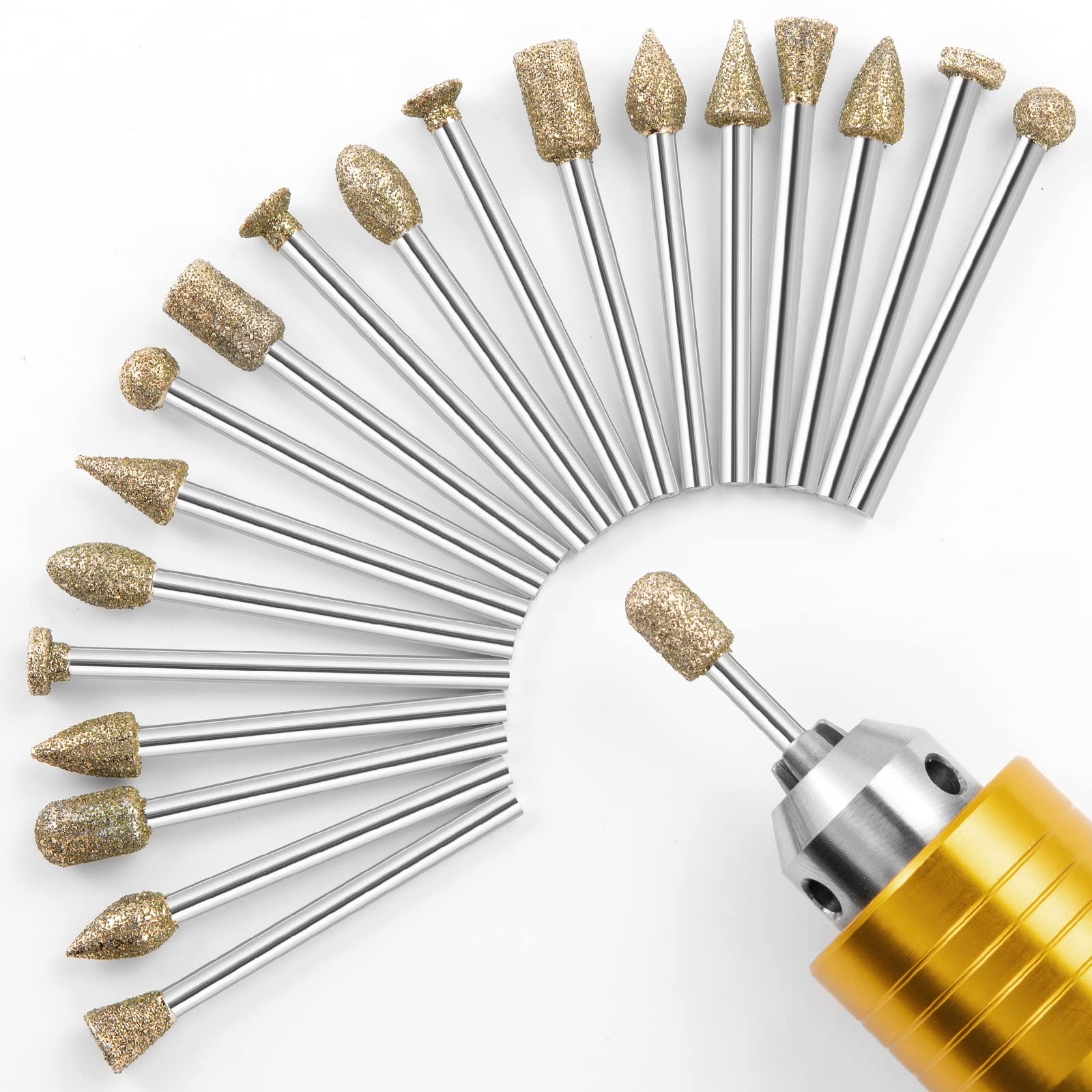 shengbenhao Diamond Grinding Burr Bit Set，20Pcs Rotary Tool Accessories Stone Carving Set with 1/8 inch Shank for Stone Ceramic Glass Carving Grinding Polishing Sanding(Power Tools are not Included)