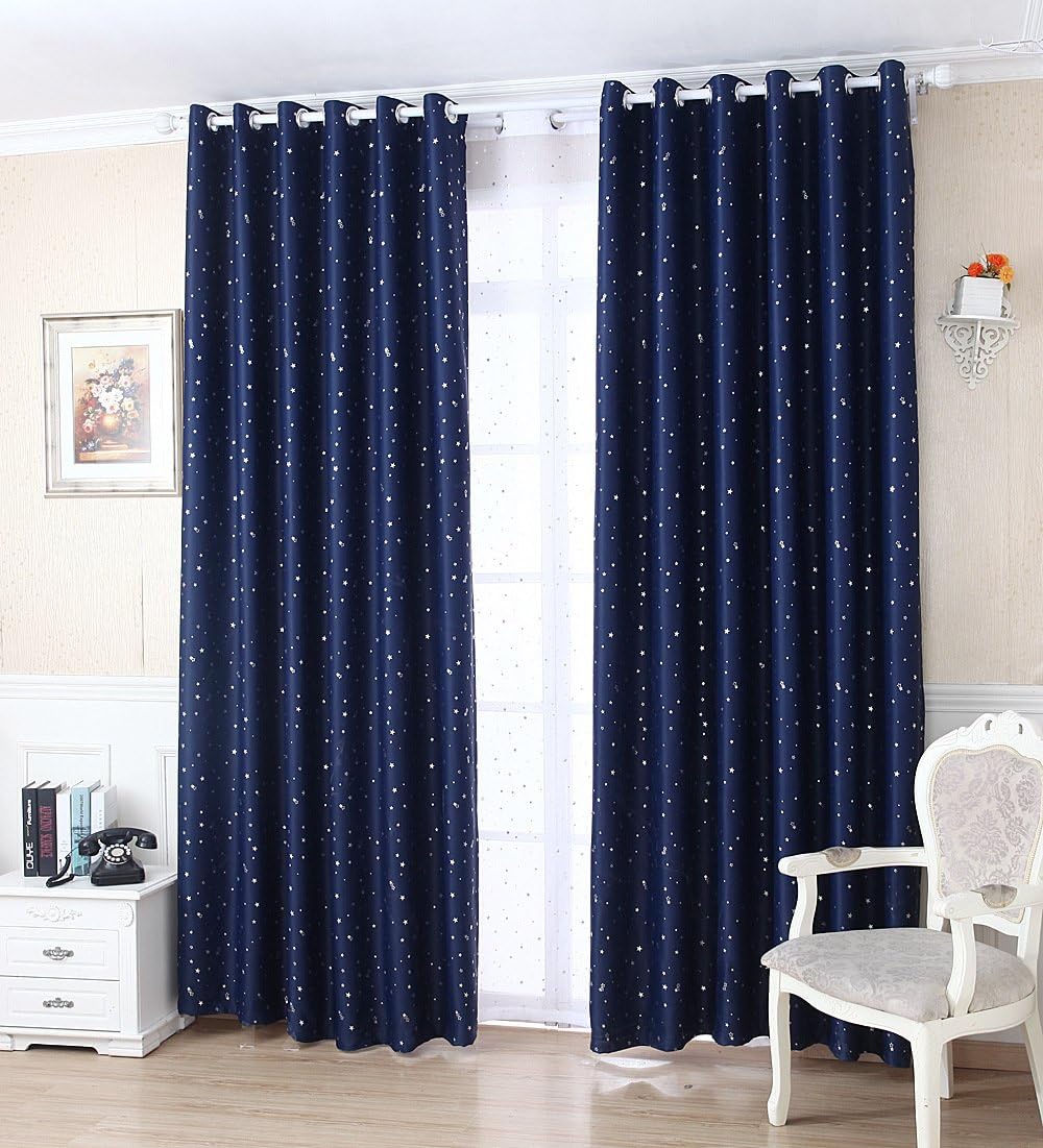 WPKIRA Window Treatments Short Curtains Grommet Room Darkening Stars Print Navy Blackout Window Curtains Panels Drapes for Bay Window/Kid's Bedroom 1 Panel 63 inch Long