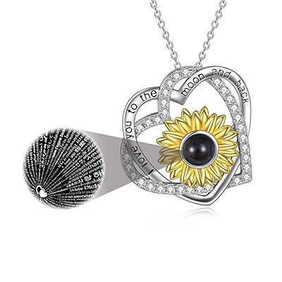 Buy Onefinity I Love You Necklace 100 Languages Necklace Sterling Silver Sunflower Necklace Double Heart Love Pendant Crystal I Love To The Moon And Back Projection Necklace For Women Her Online In