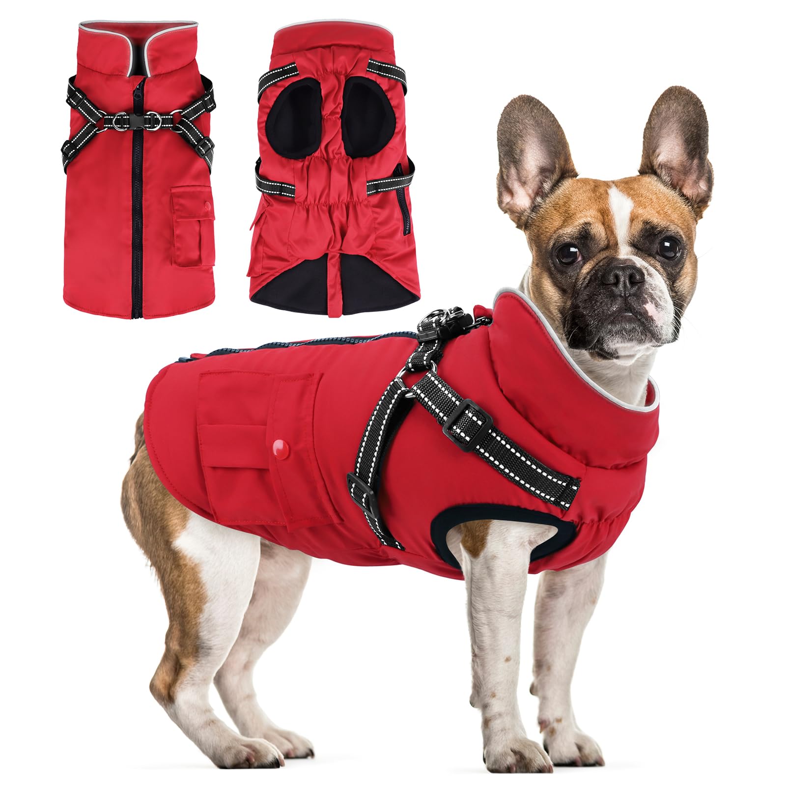 Photo 1 of Dog Winter Coat with Harness Built-in | Waterproof Dog Jacket with Zipper & Fleece Lining | Reflective Cold Weather Coat for Small Medium Large Dogs
