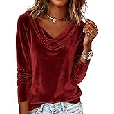 Women's Sparkly Velvet Tops Elegant Cowl Neck Long Sleeve Shirts Solid Color Dressy Casual Blouse for Fall Winter
