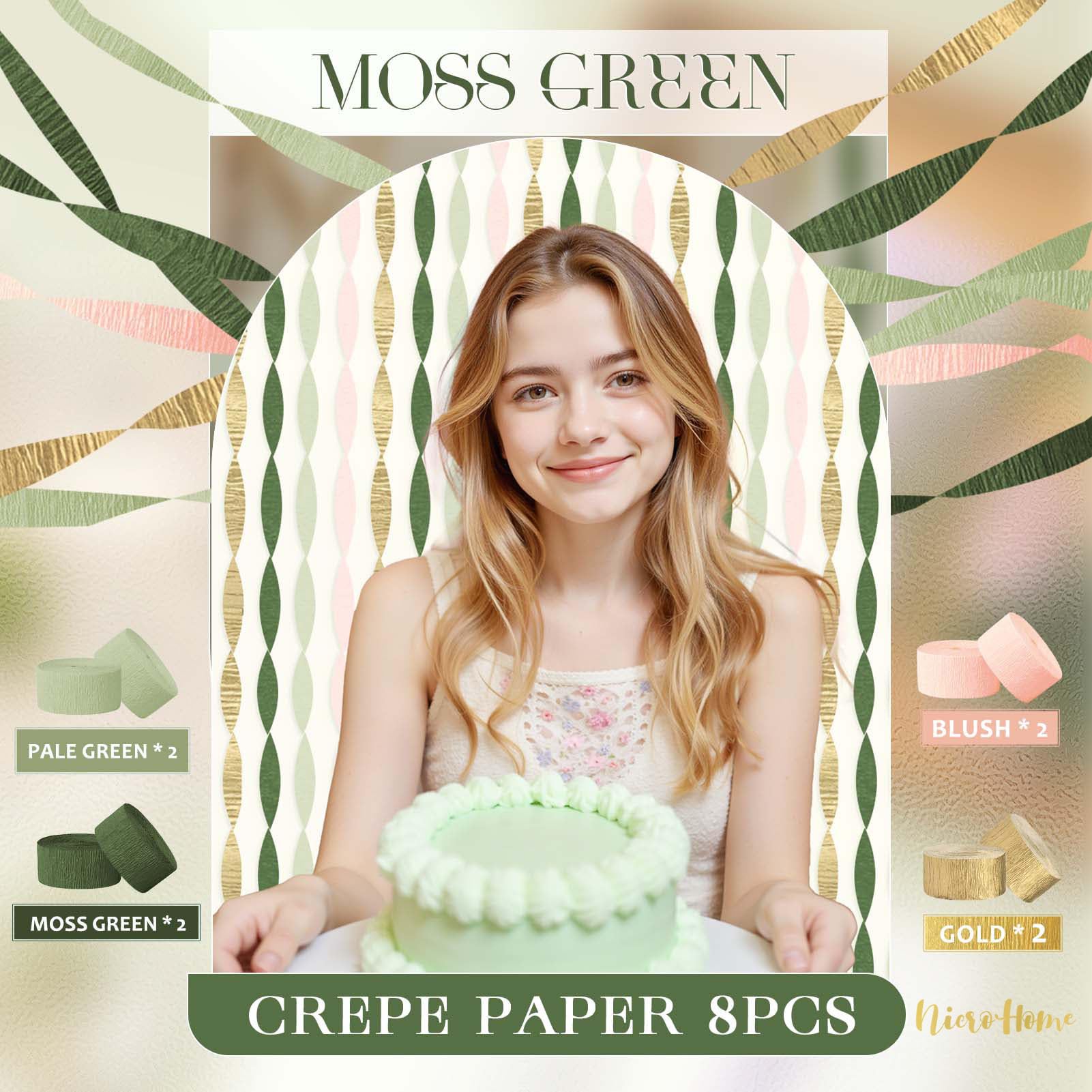 Wedding Party Decorations, 8 Rolls Moss Sage Green Pink Crepe Paper Streamers for Boho Baby Shower, Wedding, Engagement Party, Spring Party, Birthday Party Supplies, 82 ft Long