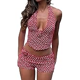Mxiqqpltky Polka Dot Set for Women Vintage 3D Flower V Neck Sleeveless Crop Halter Tops and Fold Over Shorts Y2k Matching Set