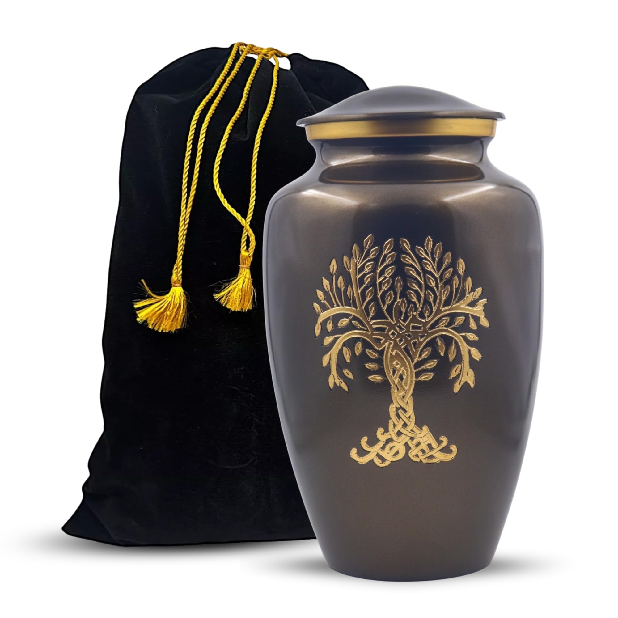 Tree of Life Engraved Cremation Urn for Human Ashes Adult – Large Funeral Burial Memorial Ashes Container up to 200 lbs, Premium Metal Urn with Secure Threaded Lid & Velvet Bag – Antique Copper