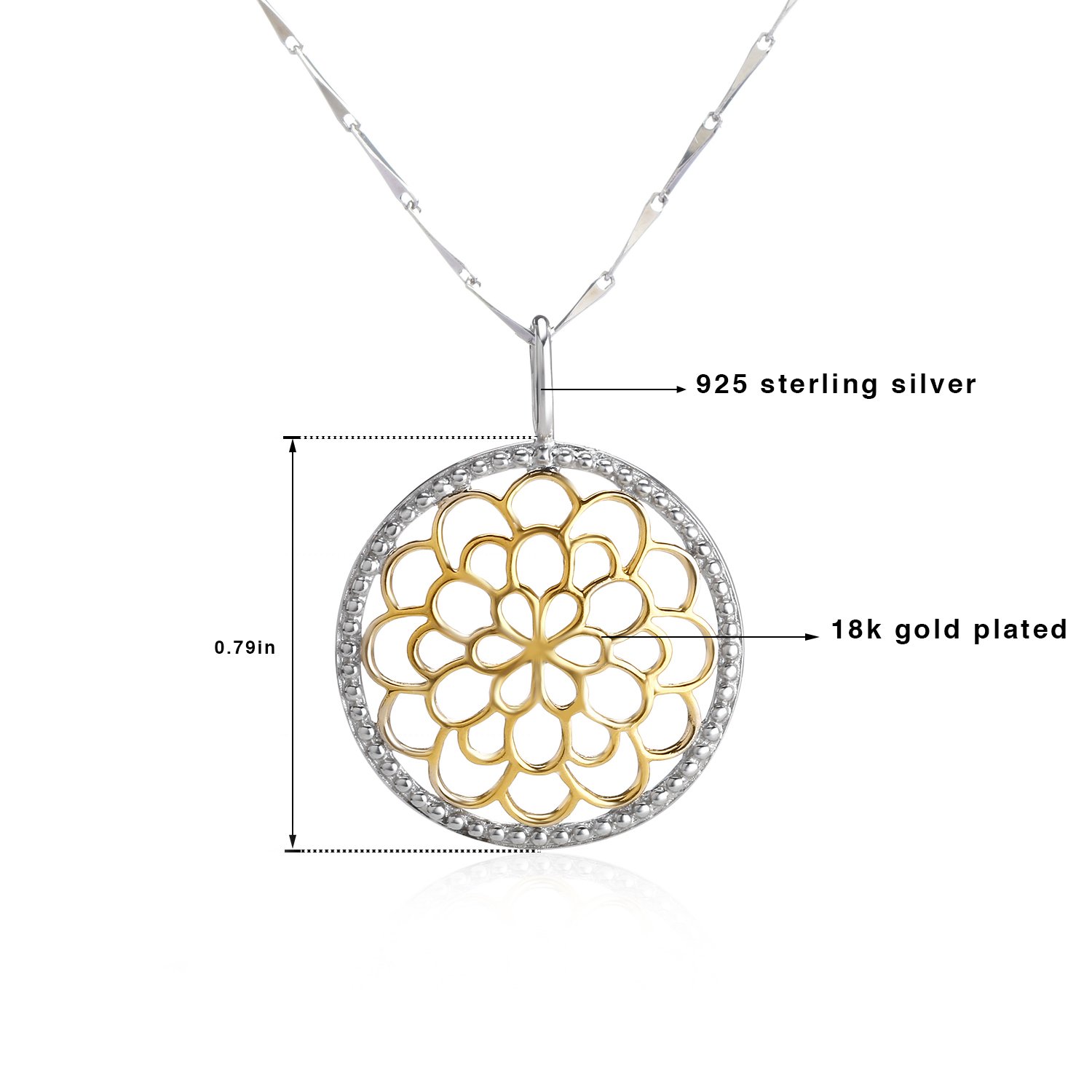 Sterling Silver and 18K Gold Bali Inspired Filigree Round Circle Floral Pendant Necklace, Best Jewelry for Women, 16/18