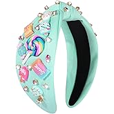 Knotted Headband for Women Lollipop Candy Charms Crystal Jeweled Embellished Top Knot Hairband Statement Wide Turban Hair Hoop Funny Gifts for Birthday Xmas Holiday Party