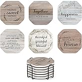 UMIRRO Rustic Farmhouse Coasters for Coffee Table Decor, Ceramic Coaster Set with Holder for Wooden Table, Cute Cup Coasters for Drinks Absorbent, Housewarming Gifts for New House/Home, 4", 6 Pack