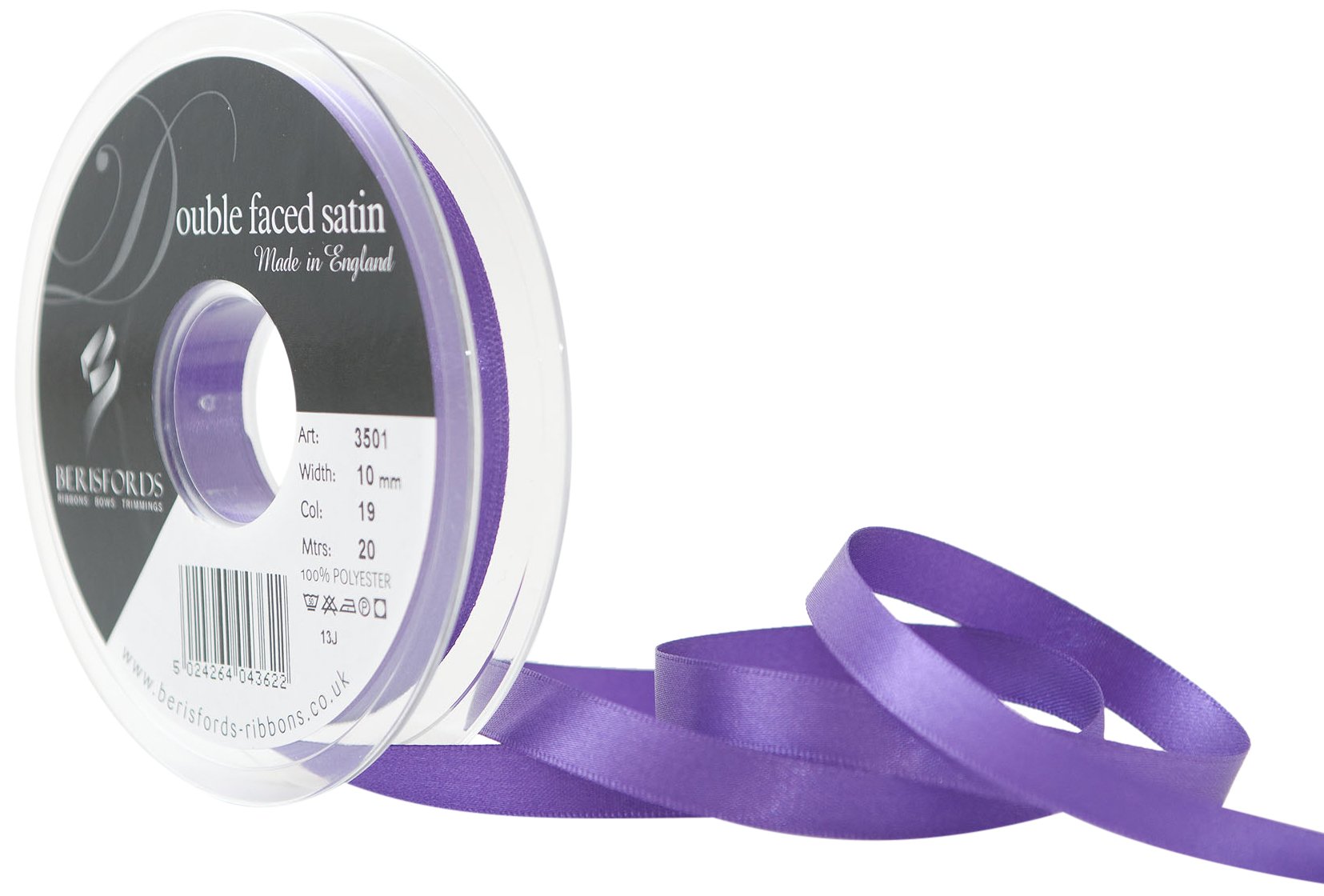 Berisfords 3501 Double Satin Ribbon, Purple, 10 mm