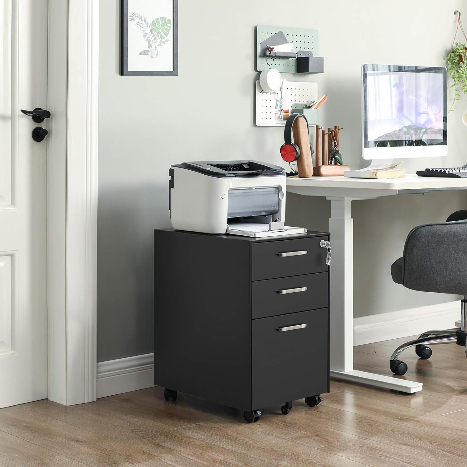 SONGMICS 3 Drawer File Cabinet, Mobile Steel Office Cabinet on Wheels, with Lock, for A4, Legal/Letter Sized Documents, Hanging File Folders, Black UOFC010B01: Kitchen & Dining