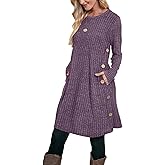 OFEEFAN Fall and Winter Tunic Dress with Pockets Long Sleeve Crew Neck Buttons Side