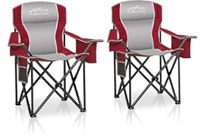 SAILARY 2PCS Folding Camping Chair Portable Outdoor Heavy Duty Padded Chairs Lawn Chair with Cup Holder, Storage Pocket and Cooler Bag, Supports 450LBS Red