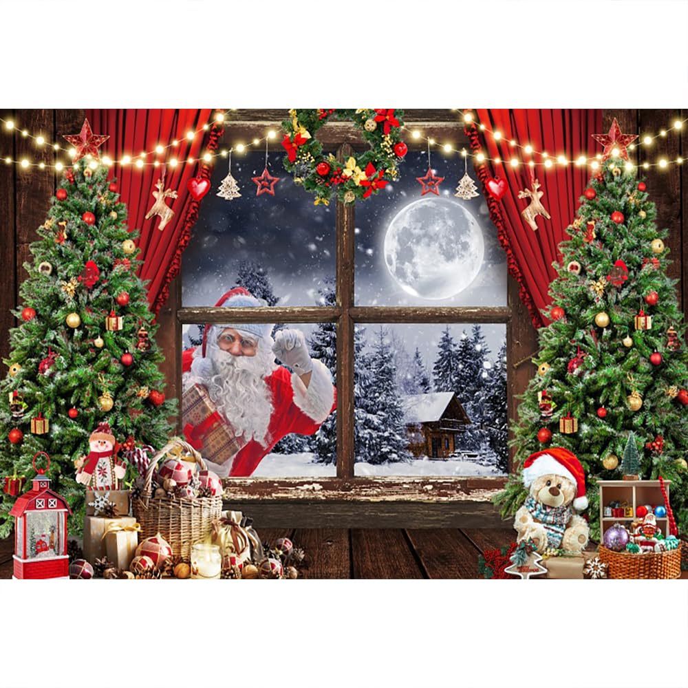 Aoihrraan 9x6ft Merry Christmas Backdrop Xmas Tree Santa Claus Snow Forest Red Curtains Window Photography Background Happy New Year Xmas Eve Family Holiday Party Decor Portrait Photo Studio Props