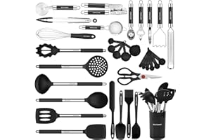 BESTZMWK Kitchen Utensils Set-Silicone Cooking Utensils-32 pcs Non-Stick Silicone Cooking Kitchen Utensils Spatula Set with Holder-Best Kitchen Cookware with Stainless Steel Handle (Black)