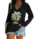 Christmas Palm Tree Shirt for Women Hawaiian Beach Tropical Christmas Palm Tree Shirts Xmas Holiday Long Sleeve Tshirt