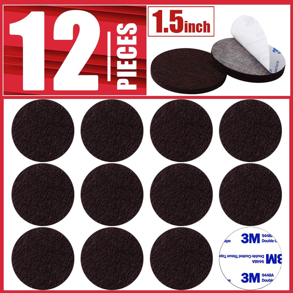 Felt Furniture Pads, 12pcs 11/2 Inch Self Adhesive Furniture Pads