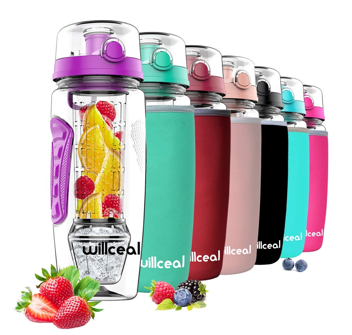 willceal Fruit Infuser Water Bottle 32oz Durable with Detachable Ice Gel Ball,Large - BPA Free Tritan, Flip Lid, Leak Proof Design - Sports, Camping (Purple)