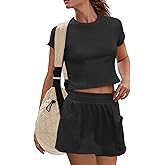 Panadila Womens Skort Sets 2 Piece Outfits Ribbed Short Sleeve Tops and Skirt with Shorts Underneath Summer Lounge Set