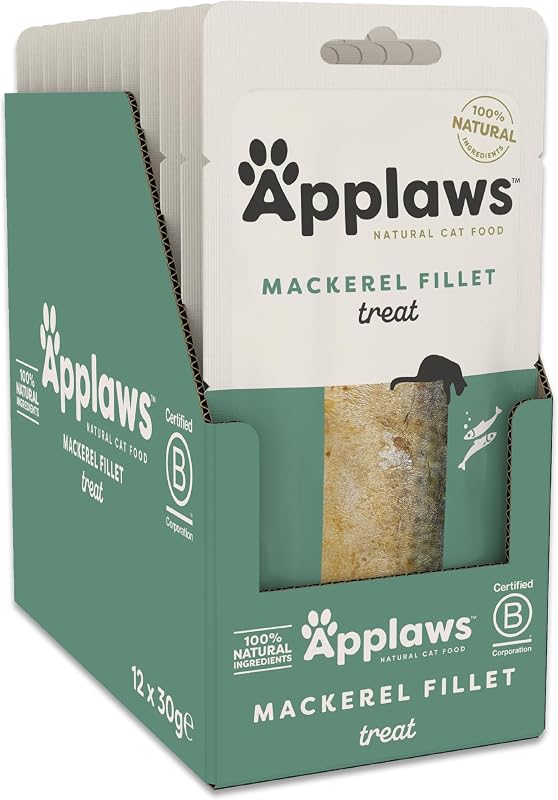 100% Natural Cat Treat Snack Whole Mackerel Loin para gatitos, adultos y gatos mayores - Paquete de 12 bolsitas de 30 g