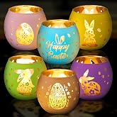 Jingmore 6 Pcs Easter Votive Candle Holders, Multicolor | Bunny Egg Print Flameless, Happy Easter Votive Candle Decor, 6 Laser Engraving Patterns, Spring Home Mantle Table Centerpiece