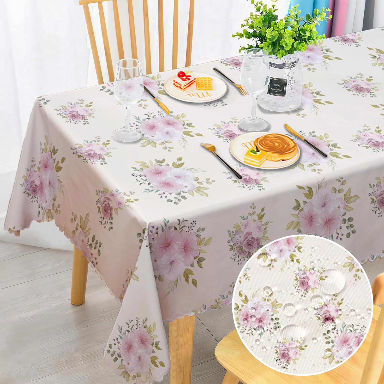 Rectangular Tablecloth Wipe Clean, Wipeable Waterproof Pink Floral Polyester Tablecloths, Table Cloth Wrinkle Resistant Table Cover for Home Dinner Kitchen Party Picnic Outdoor 140x180cm