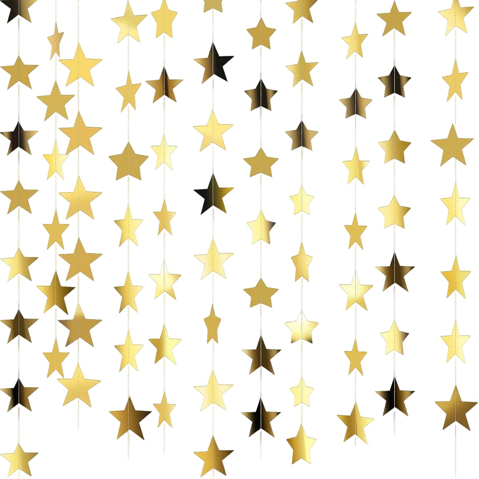 Star Garland, Gold Star Garland with 33 Reflective Stars, 52 Feet Hanging Stars Decorations for Party, Wedding, Home Decor