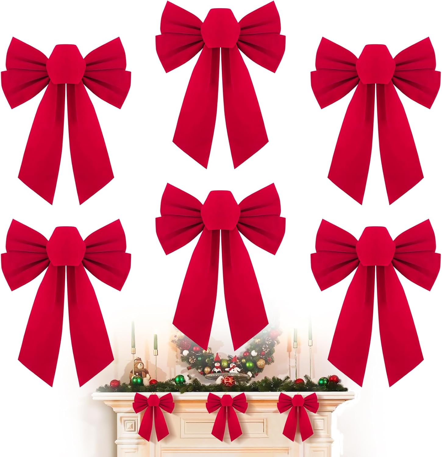 Bows & Ribbons - MEWTOGO 6 Pcs Christmas Red Wreath Bows - 7.9×10.2 in Velvet Red Bows, Hand Tied Easy Hanging for Xmas Tree Ornaments Wreath Fireplace Decor Gifts Wrapping Indoor Party Supplies