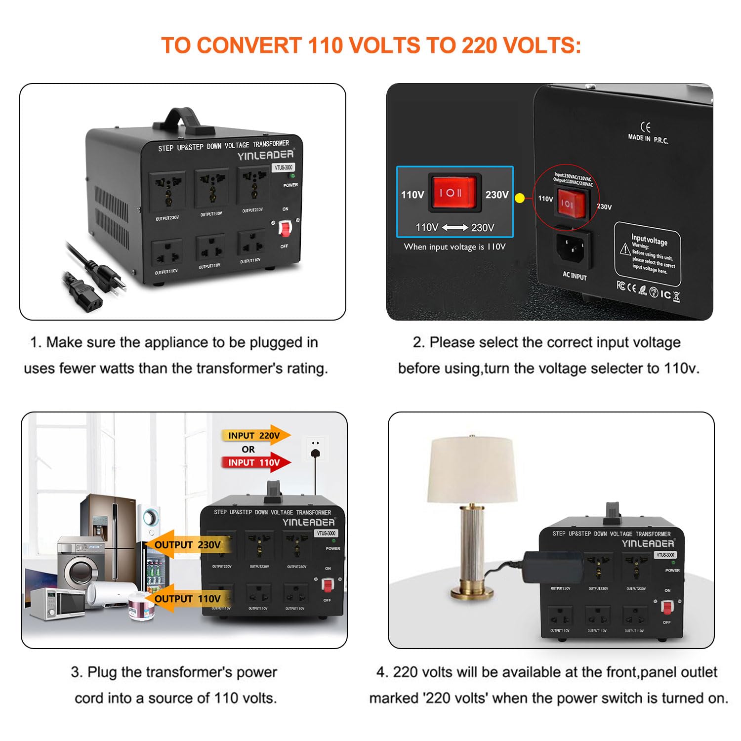 Yinleader Voltage Converter Transformer(110V to 220V, 220V to 110V) Step Up/Down Transformer Converter 110/120 Volt - 220/240 Volt w/US Power Cord,Circuit Breaker Protection (VTUS-3000-6S)