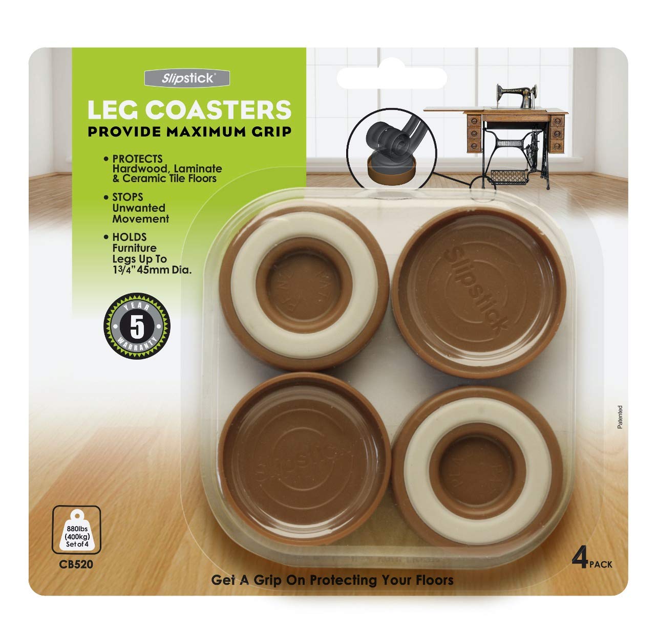 Slipstick CB520 Floor Protecting Furniture Leg Coasters / Furniture Feet Gripper Cups (Set of 4) 45 mm Round - Caramel