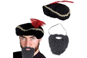 NUMJAW Renaissance Hat with Beard - 2 Pc Set Medieval Hat for Men with Long Moustache - Minstrel Costume - Men Renaissance Costume Accessory - One size fits all - Black