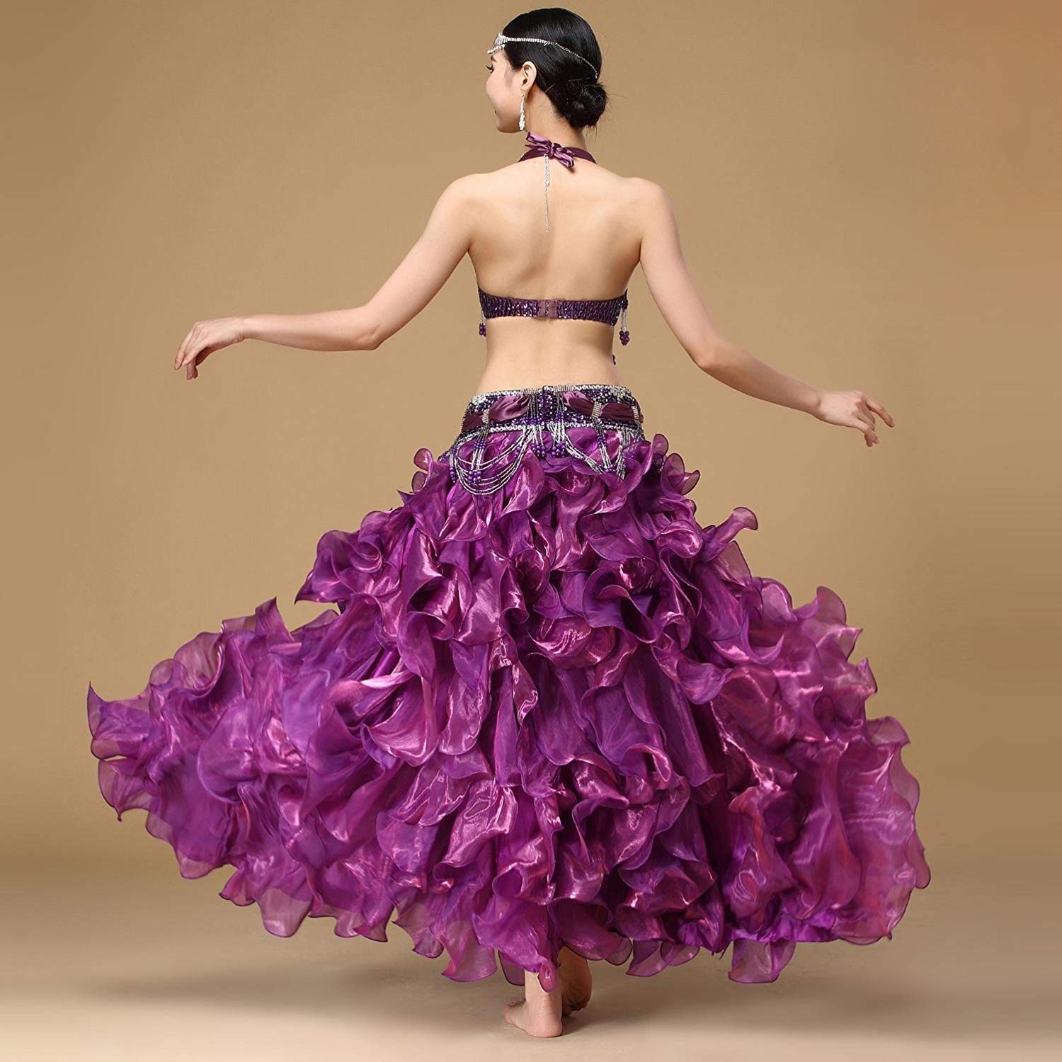 Xl 大人の女性のベリーダンスのドレス衣装衣装パフォーマンススーツ 光沢のあるブラ ガードル サイド分割大きなスイングスカート3個 Xl パープル パープル B07q4w3ppn 社交ダンス 日本人気超絶の