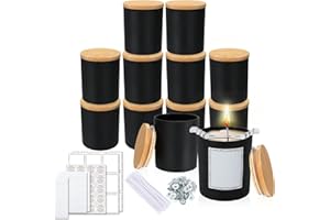 JuneHeart 12 Pack 8 OZ Matte Black Candle Jars for Making Candles, Empty Glass Candle Jars with Bamboo Lids, Candle Containers with Blank Label & 50 Candle Wicks (Matte Black, 12 Pack 10oz)