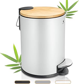 Exitoso® Das Original I Kosmetikeimer für Badezimmer I rutschfest Dank Anti-Rutsch Boden - Treteimer I Badeimer Bambus Holzdeckel mit Absenkautomatik I Abfalleimer fürs Bad - Mülleimer 3L (weiß)