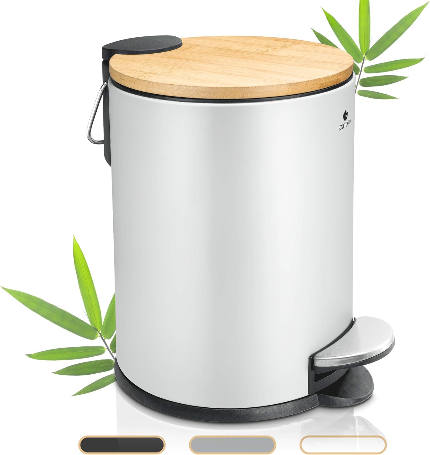 Exitoso® Das Original I Kosmetikeimer für Badezimmer I rutschfest Dank Anti-Rutsch Boden - Treteimer I Badeimer Bambus Holzdeckel mit Absenkautomatik I Abfalleimer fürs Bad - Mülleimer 3L (weiß)